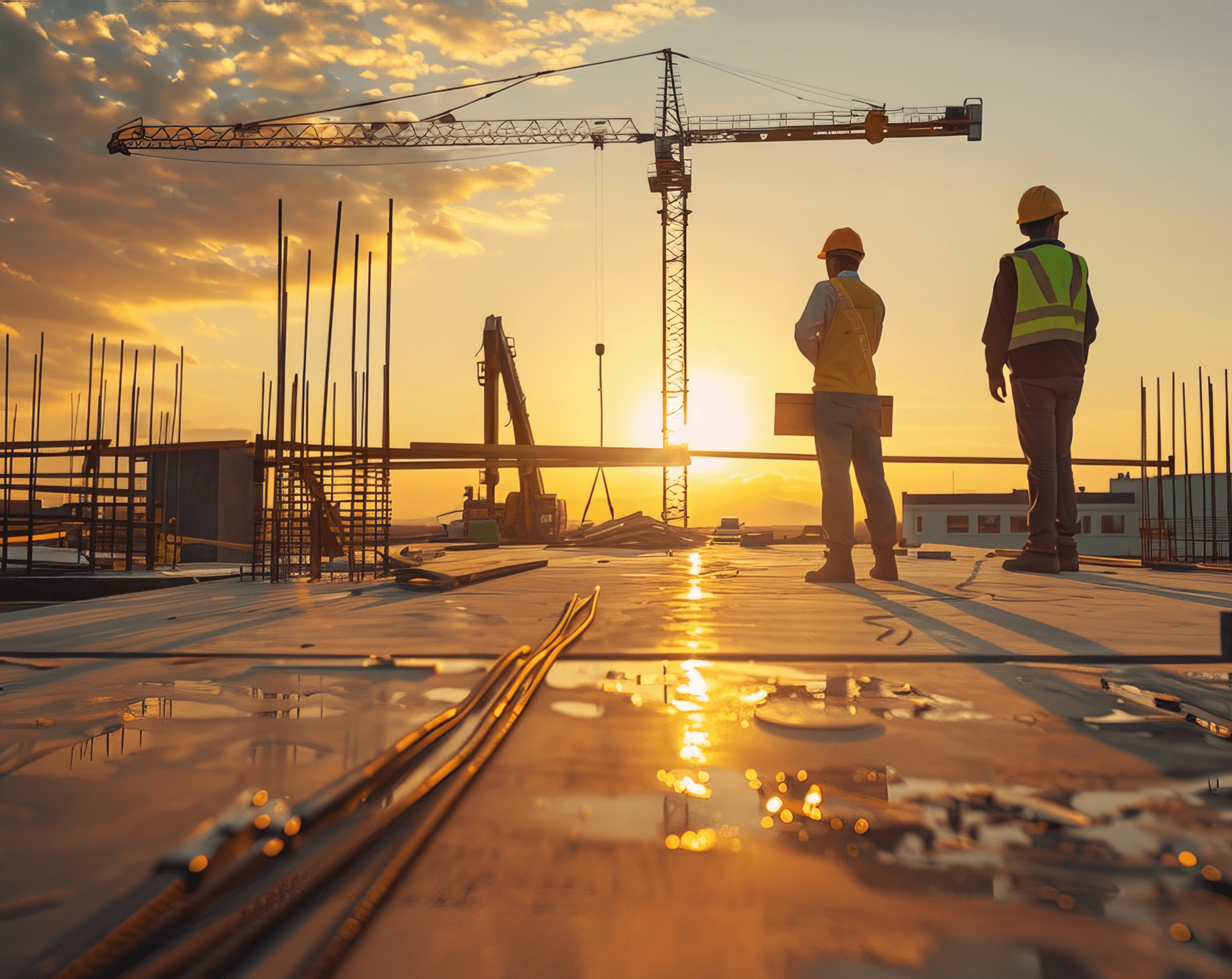 Construction workers at job site during sunset